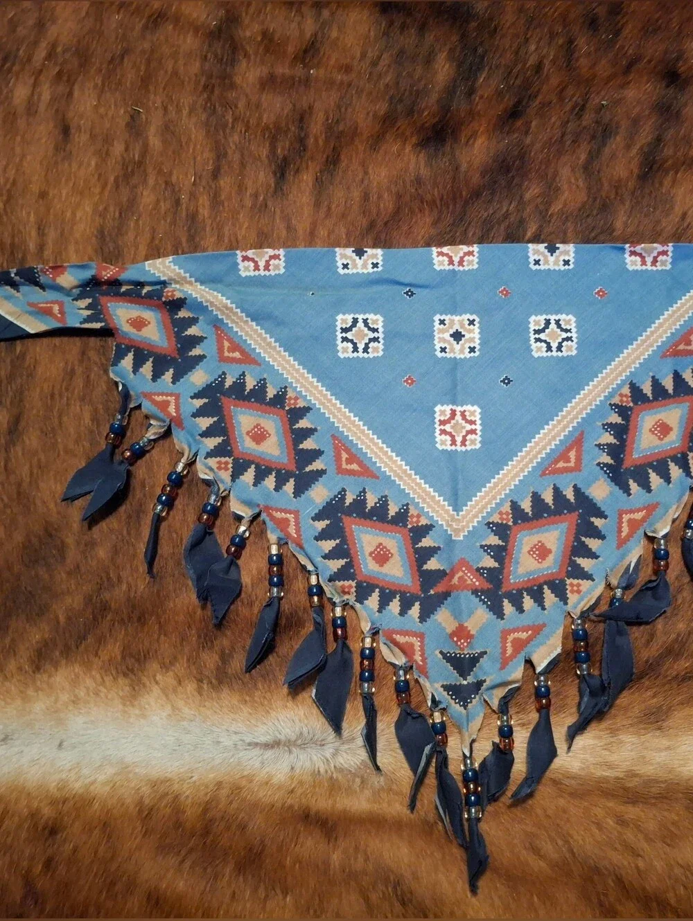Handmade Blue Aztec Triangle Bandana Scarf with Beaded Fringe